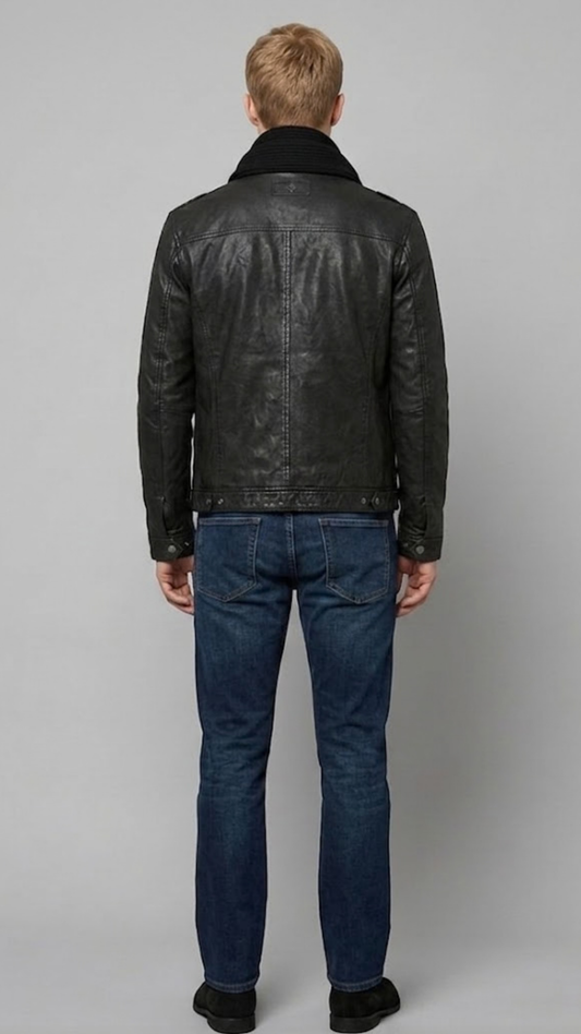 Straight-on back view of a structured black leather trucker jacket showcasing its minimalist paneling and clean aesthetic.