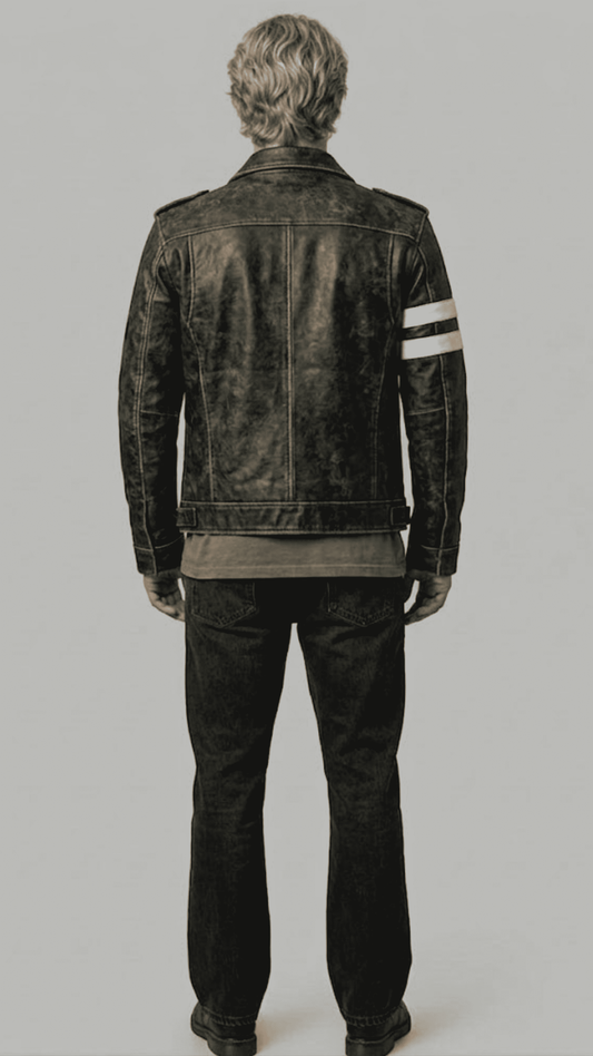 Symmetrical back view of a slim-fit men's black leather cafe racer jacket, displaying a smooth panel design and structured aesthetic.