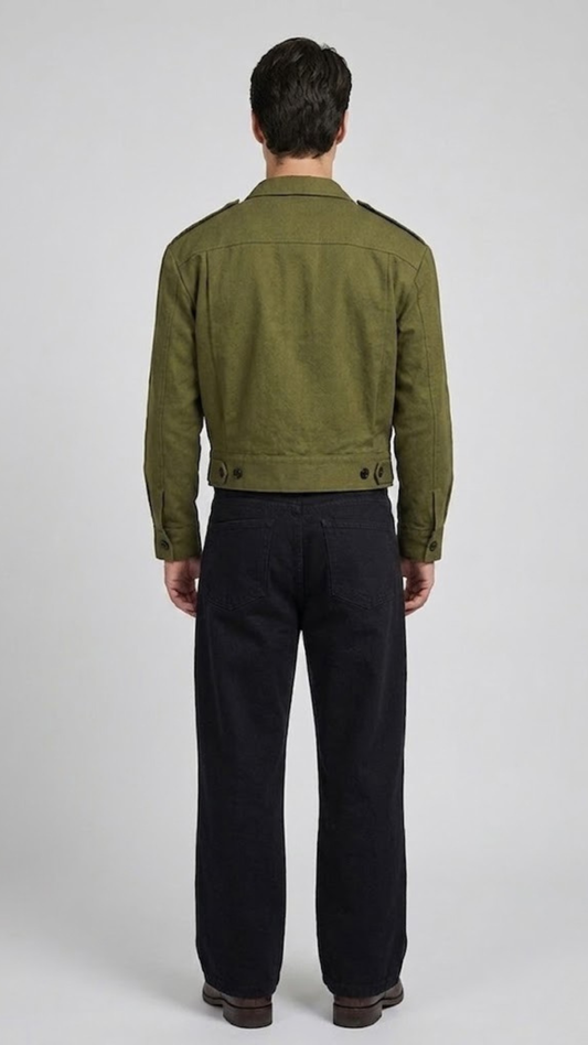 Mens casual style olive green cotton outerwear paired with vintage blue jeans