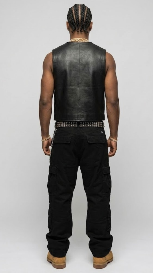 Regular fit men's black leather buttoned gilet displaying functional welt pockets and a clean, comfortable tailored alignment.