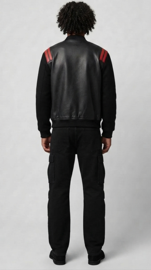 Regular fit men's two-tone leather bomber jacket displaying clean side pockets and a comfortable, streamlined athletic profile.