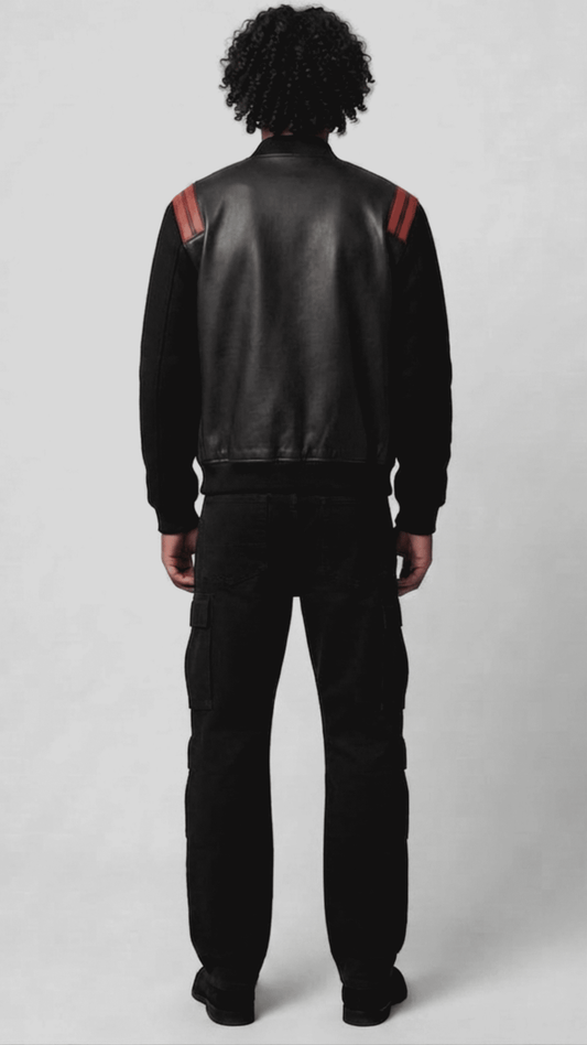 Regular fit men's two-tone leather bomber jacket displaying clean side pockets and a comfortable, streamlined athletic profile.