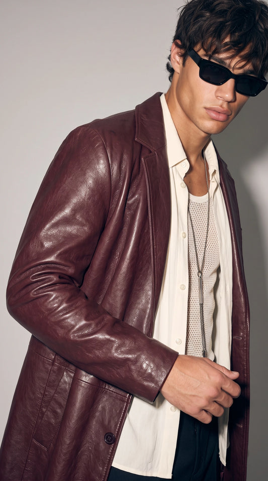 Close-up of a dark oxblood burgundy genuine leather coat highlighting its naturally textured surface, sharply defined notch lapels, chest welt pocket and carefully stitched leather panels. Subtle highlights across the deep wine-red finish bring out the material’s character, while the tailored construction gives this men’s statement overcoat a sophisticated designer-inspired appearance.