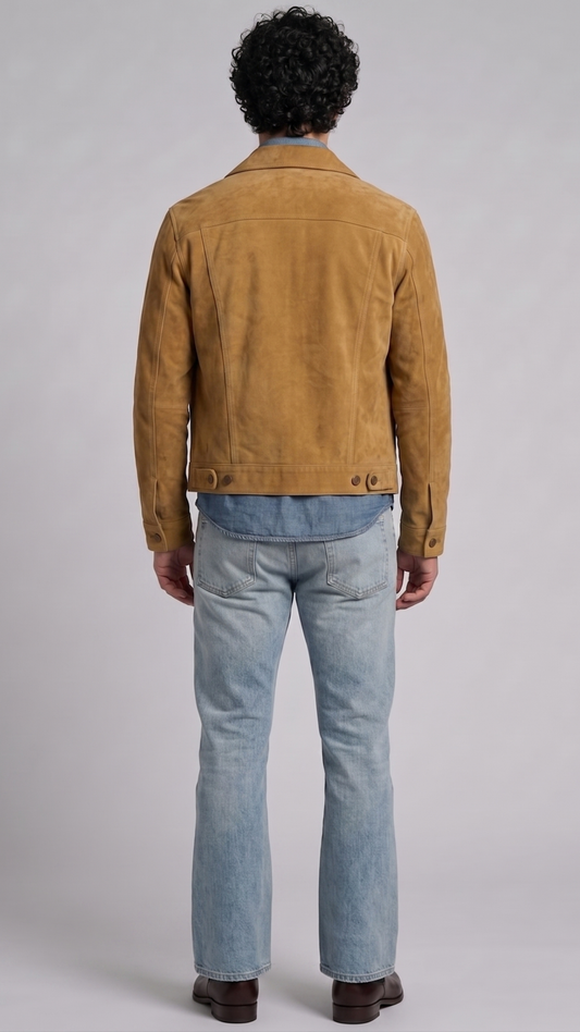 Regular fit men's tan suede outerwear displaying clean side welt pockets and adjustable button cuffs for a tailored profile.