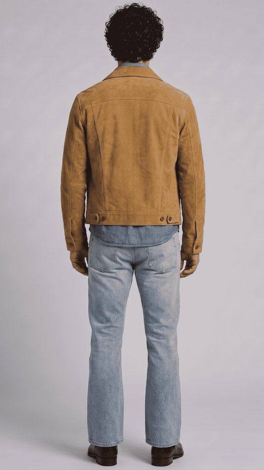 Regular fit men's tan suede outerwear displaying clean side welt pockets and adjustable button cuffs for a tailored profile.