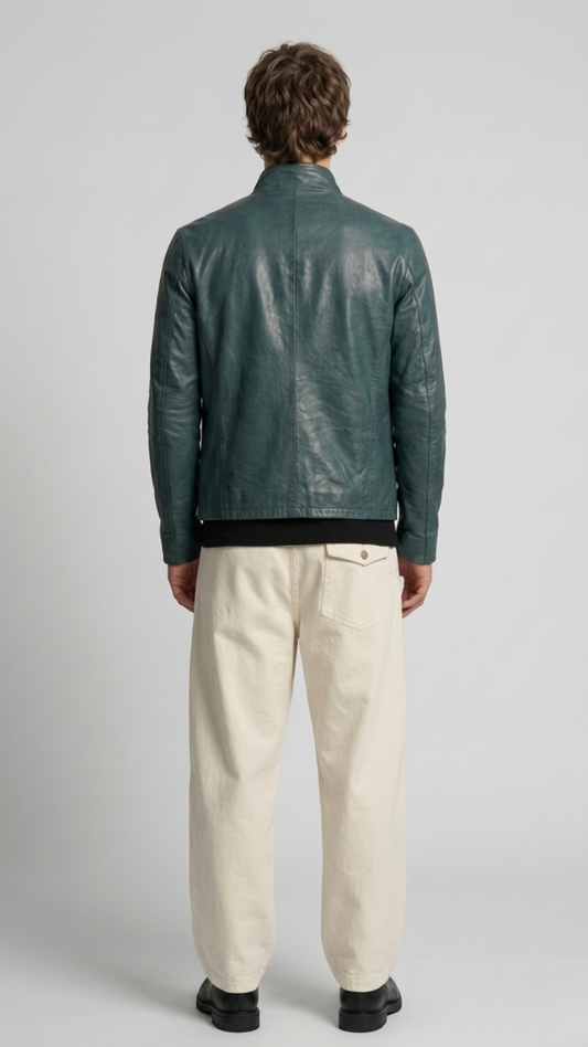 Symmetrical rear view studio shot highlighting the uniform deep teal color saturation and clean paneling of the luxury leather coat.