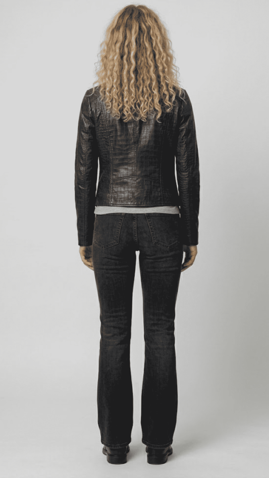 back-angle profile view of a tailored fit women's black crocodile leather outerwear displaying a clean waistline alignment and sleek sleeves.