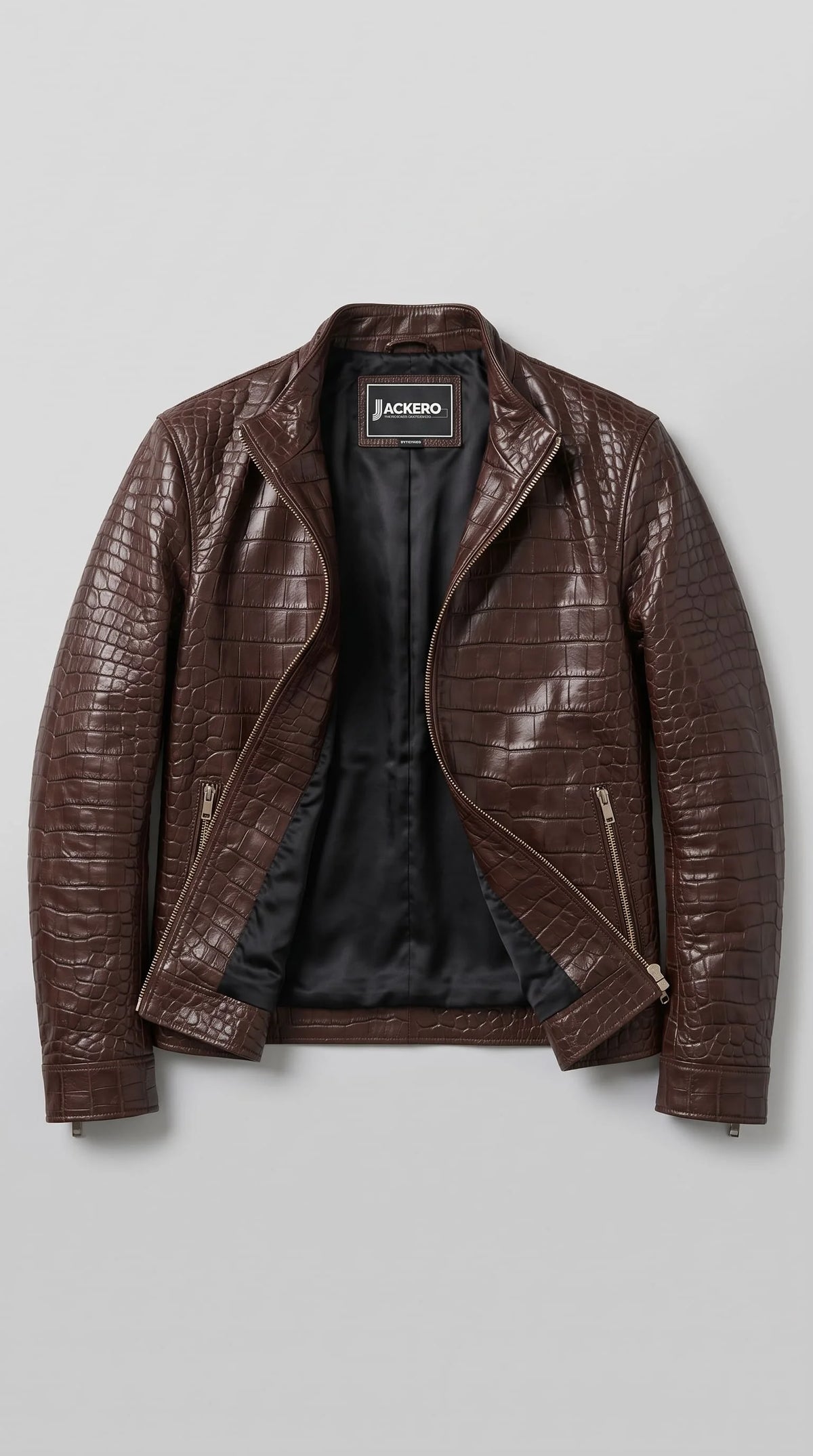 Handcrafted espresso brown croc embossed leather jackero jacket for men, statement outerwear with high-shine texture and zip closure