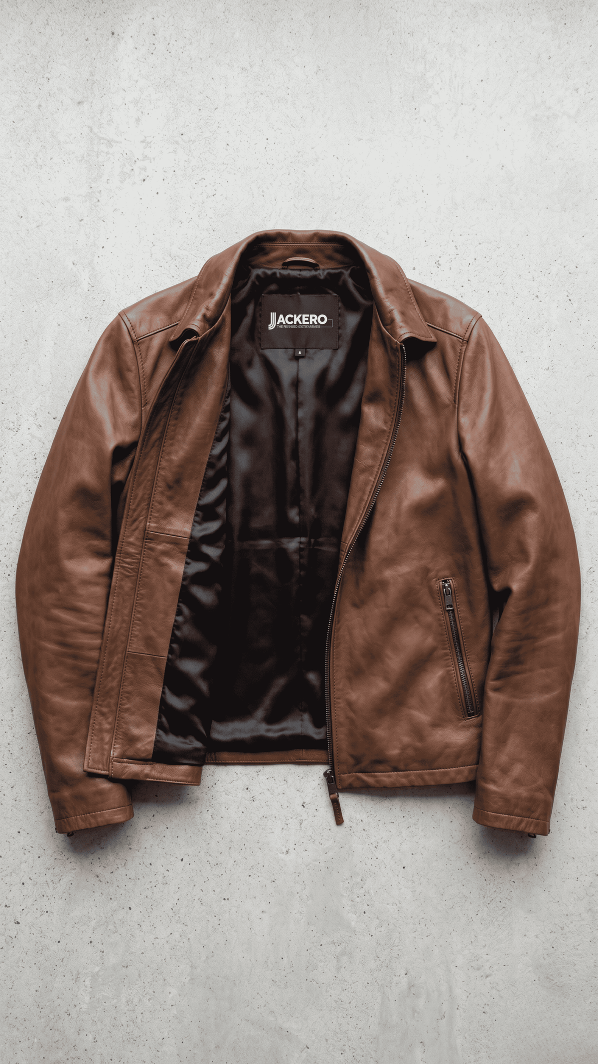 Jackero brand brown leather jacket on a solid grey backdrop, emphasizing timeless craftsmanship.