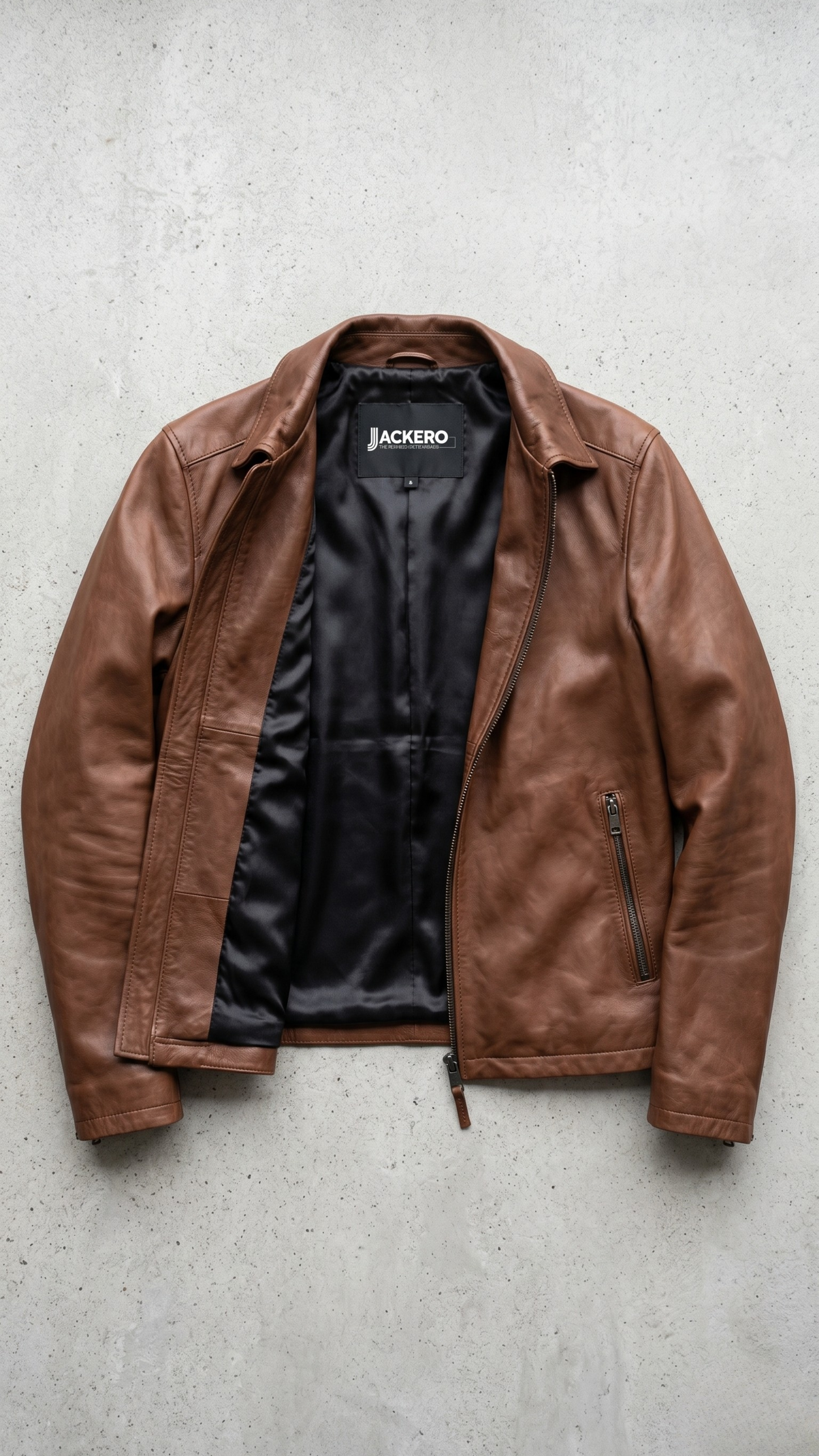 Jackero brand brown leather jacket on a solid grey backdrop, emphasizing timeless craftsmanship.