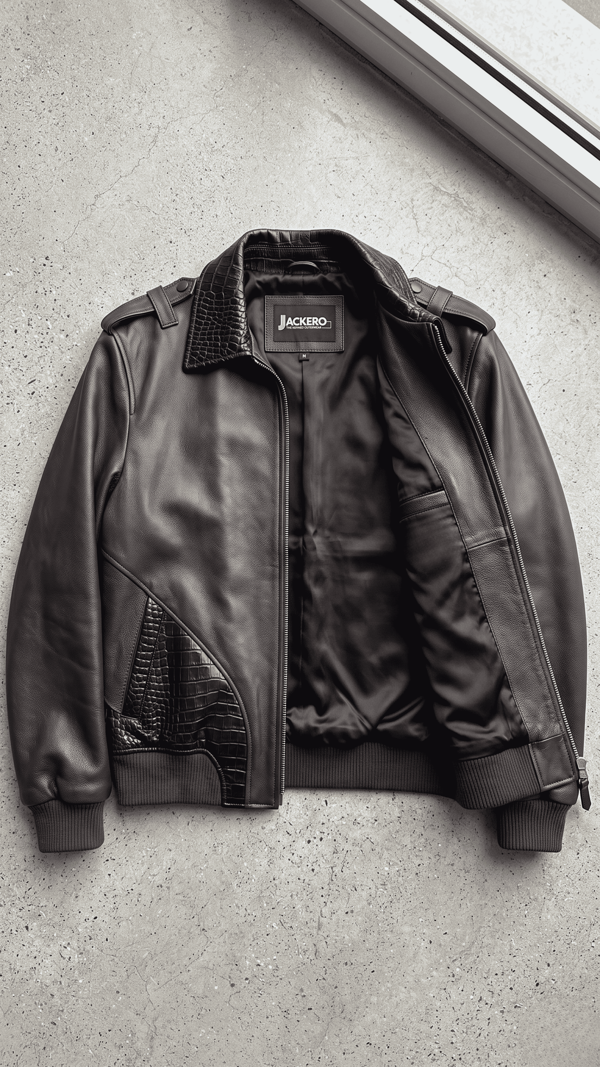 Jackero dark brown leather and black crocodile textured jacket displayed against a clean studio backdrop.