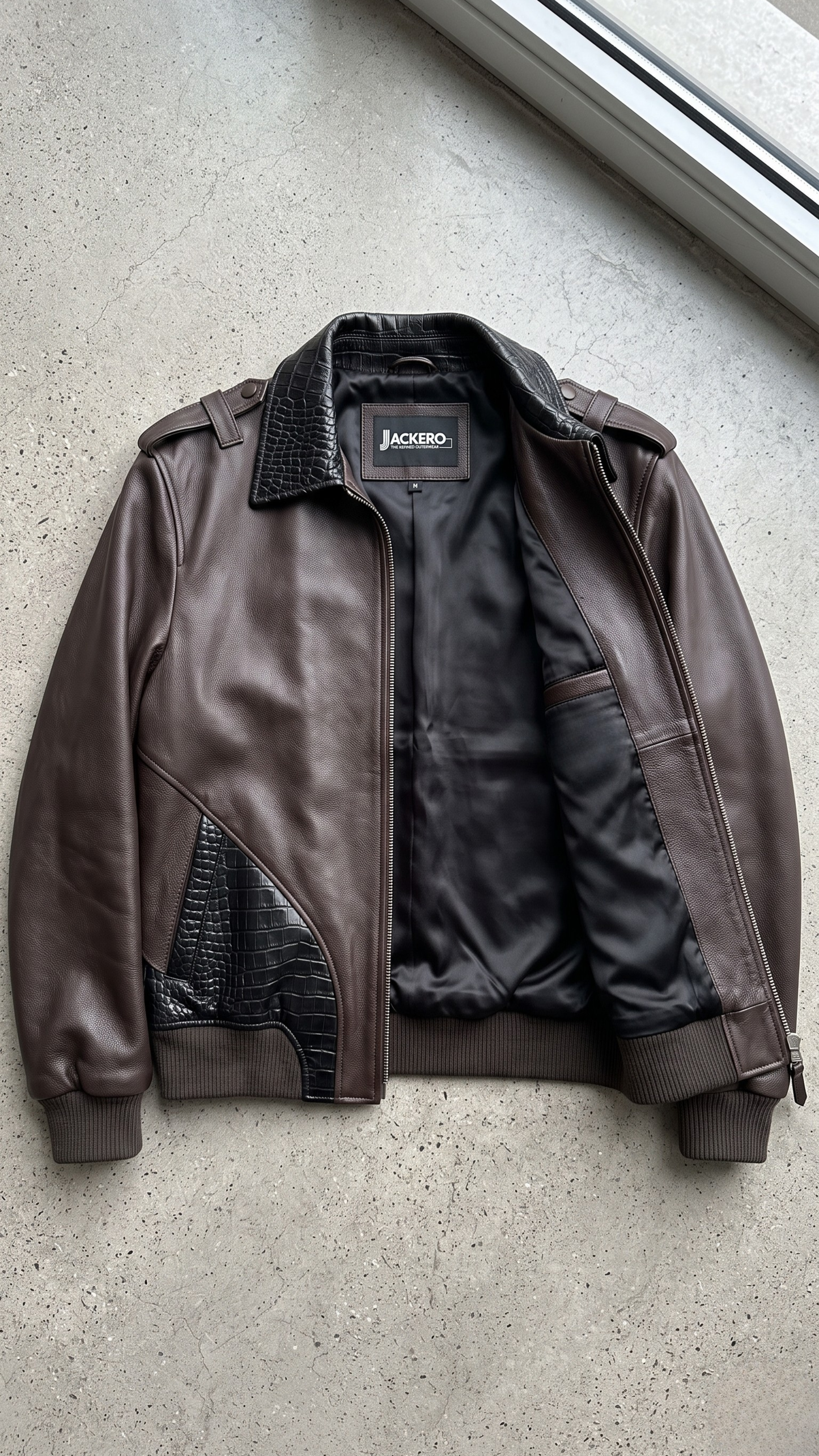 Jackero dark brown leather and black crocodile textured jacket displayed against a clean studio backdrop.