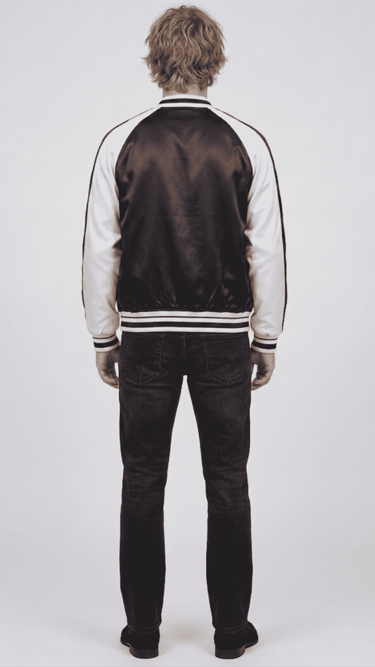 Regular fit men's monochrome varsity jacket displaying clean white-trimmed side slash pockets and a sporty tailored profile.