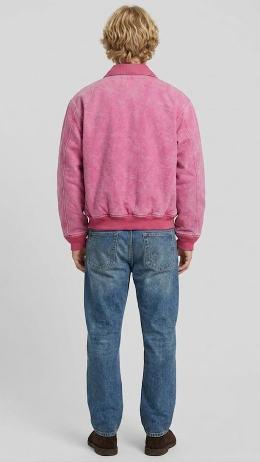 Elegant rose pink soft suede bomber jacket layered over a neutral tee, perfect for an effortlessly clean smart-casual outfit.
