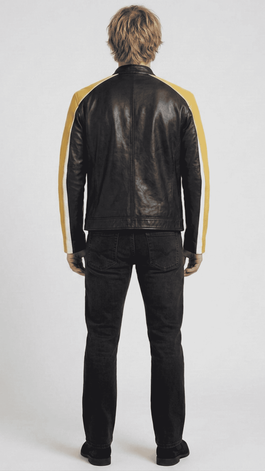 Detailed view of the high-contrast white and yellow leather paneling along the sleeves of a premium black racing jacket.