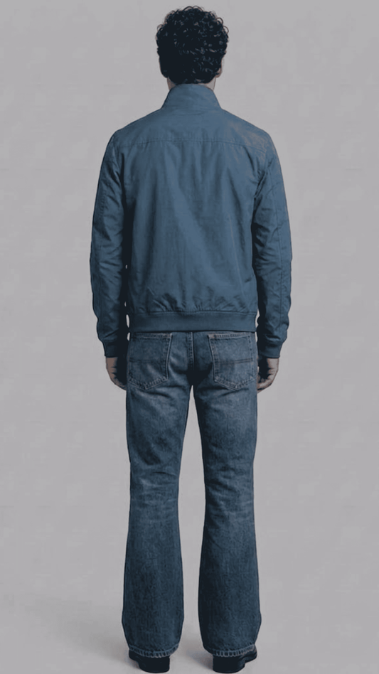 Detailed view of the premium matching cyan rib-knit collar, cuffs, and hemline on a structured lightweight casual jacket.