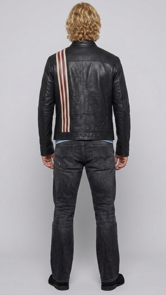 Minimalist cafe racer style dark black genuine leather jacket with contrasting sporty lines.