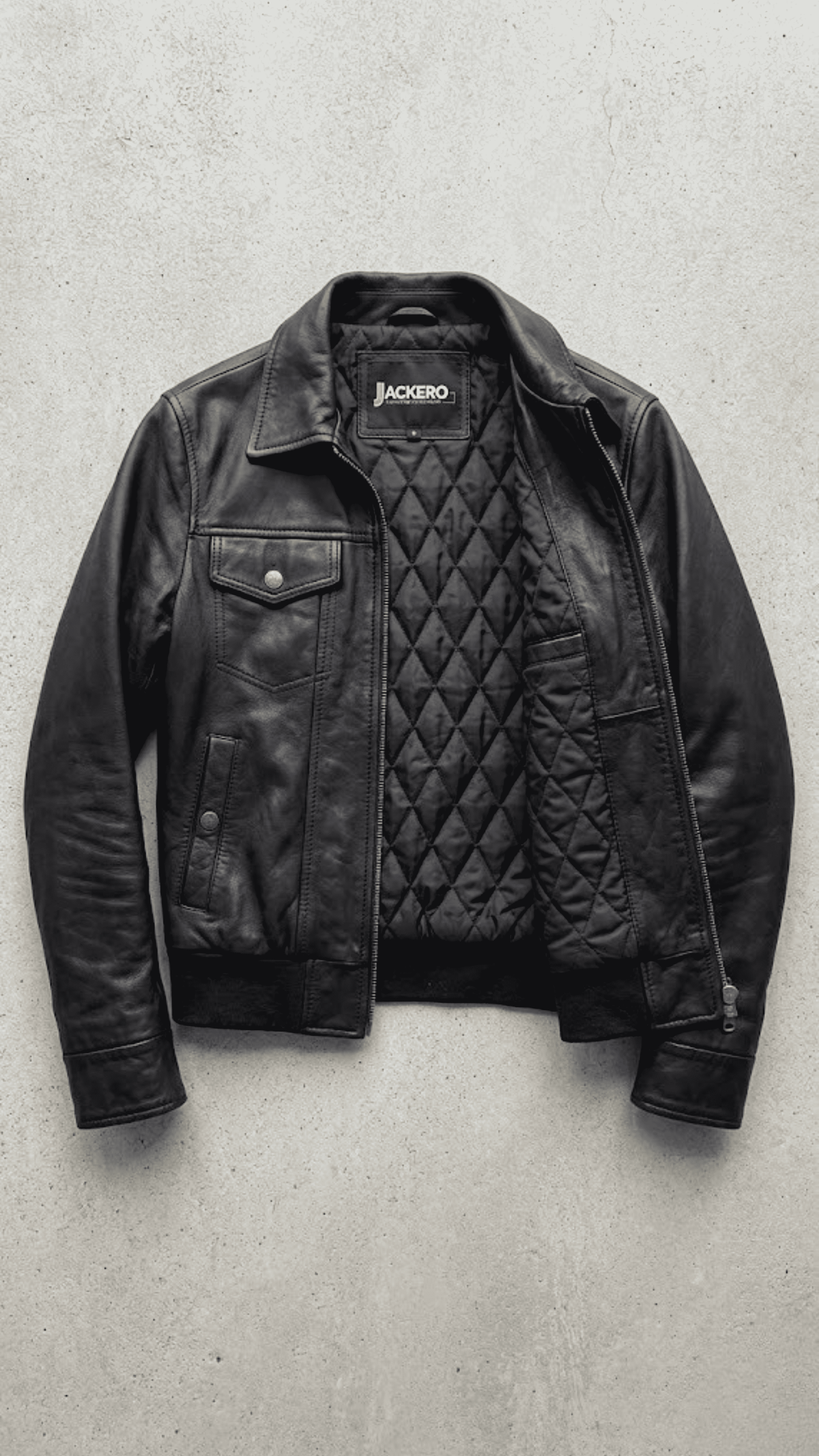 Minimalist classic black leather bomber jacket displayed against a clean background for apparel catalog.