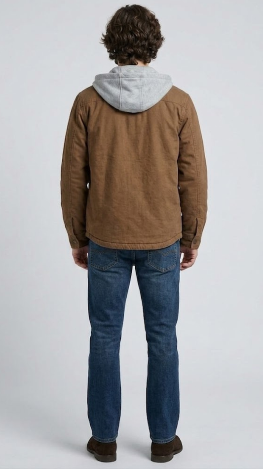 Regular fit dark tan hooded worker jacket layered perfectly over a casual flannel shirt for a modern workwear aesthetic.