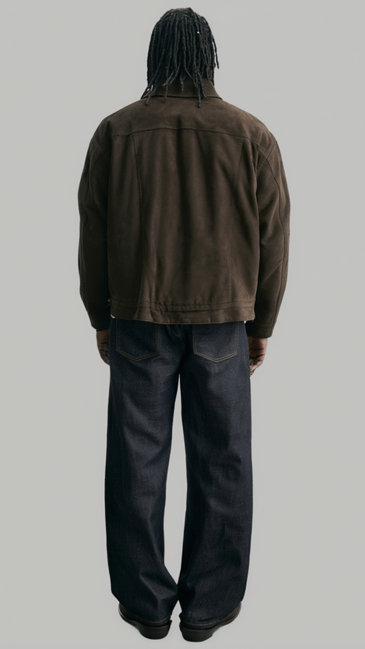 Straight-on silhouette of a structured dark brown cotton utility jacket displaying symmetrical pockets and a clean waistline fit.