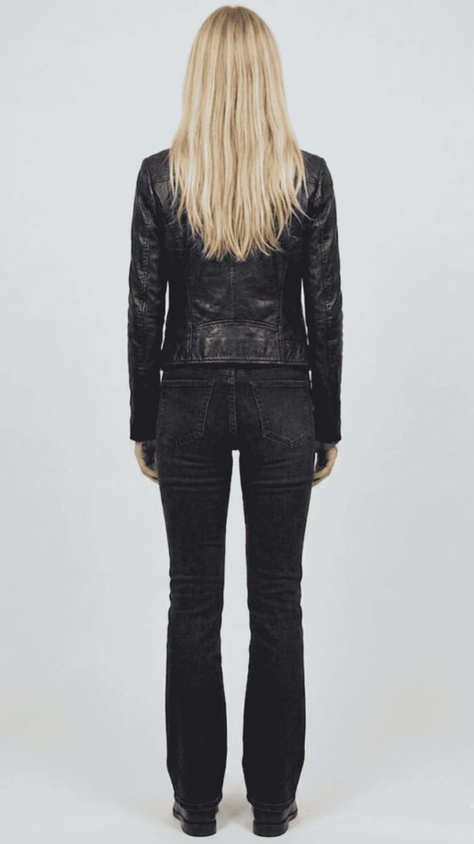 Tailored fit women's black leather sportcoat offering a clean silhouette with functional side flap pockets.