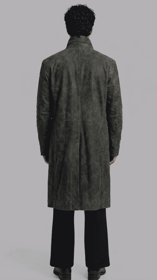 Regular fit men's dark grey leather duster coat with deep side pockets and classic lapels, combining functionality with style.