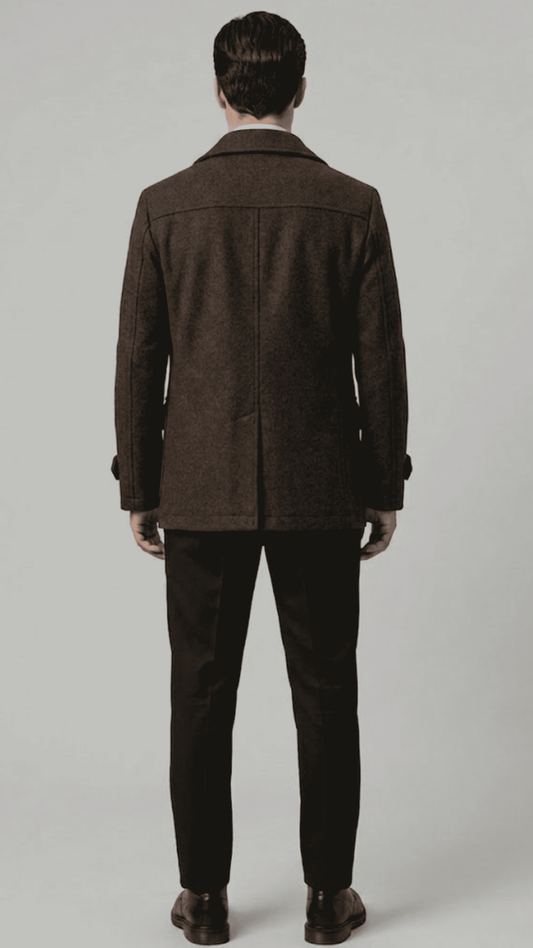 Regular fit men's chocolate brown wool jacket with deep side welt pockets, offering both utility and a modern clean profile.