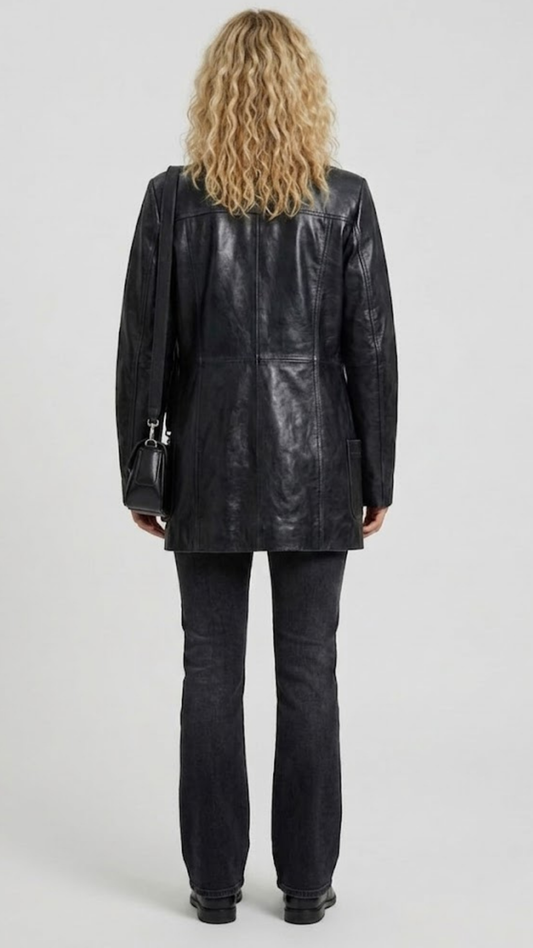 back-angle profile view of a regular fit black leather trench coat displaying smooth drape, neat hemline, and comfortable tailoring alignment.