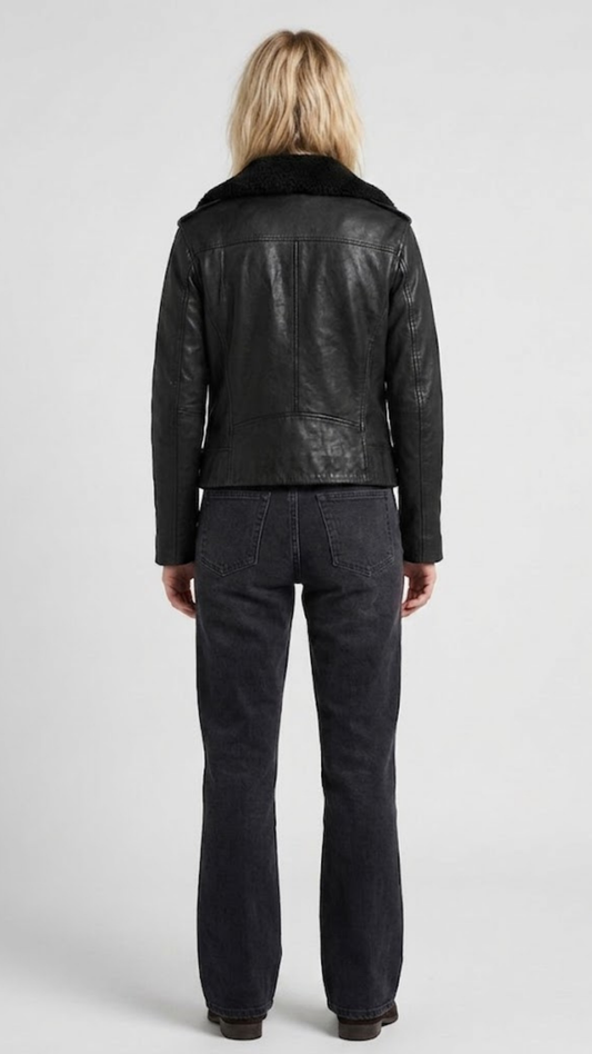 Structured back view of a luxury men's black leather biker jacket, showcasing premium paneling and enhanced shoulder alignment.