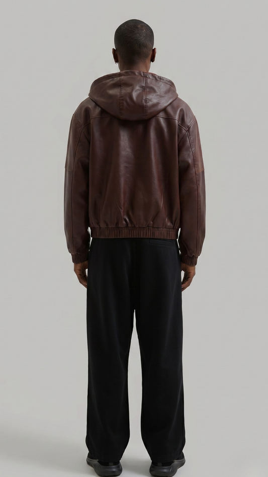 Symmetrical rear view of a dark maroon leather hooded jacket for men, showing the premium leather panel cuts and fitted elastic hem.