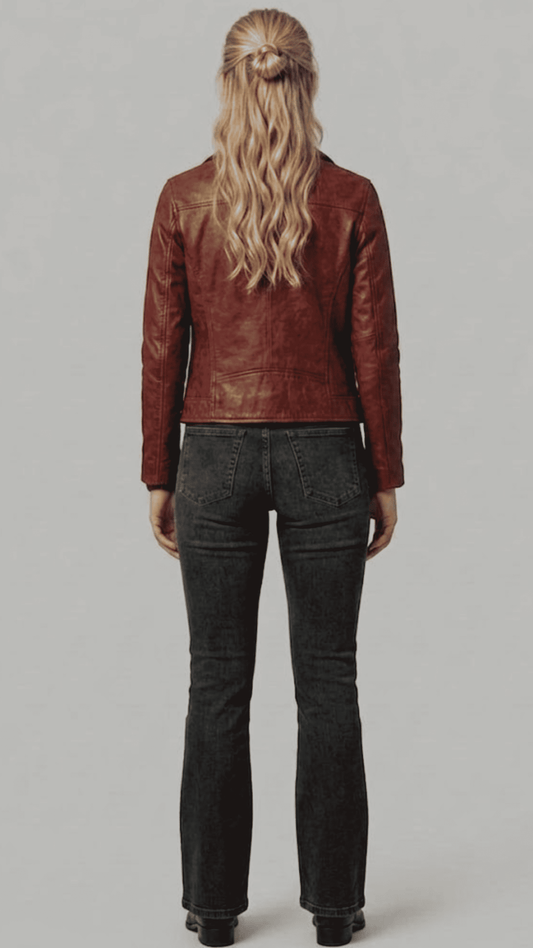 Symmetrical back perspective of a structured dark red leather biker coat, showcasing clean seam lines and a sleek tailored finish.