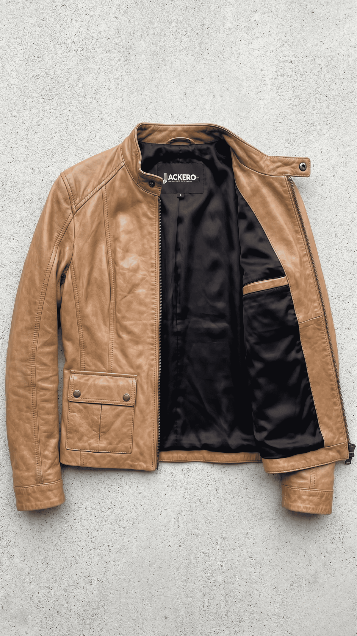 Jackero brand light brown genuine leather jacket presented on a clean studio backdrop, emphasizing premium lightweight craftsmanship.