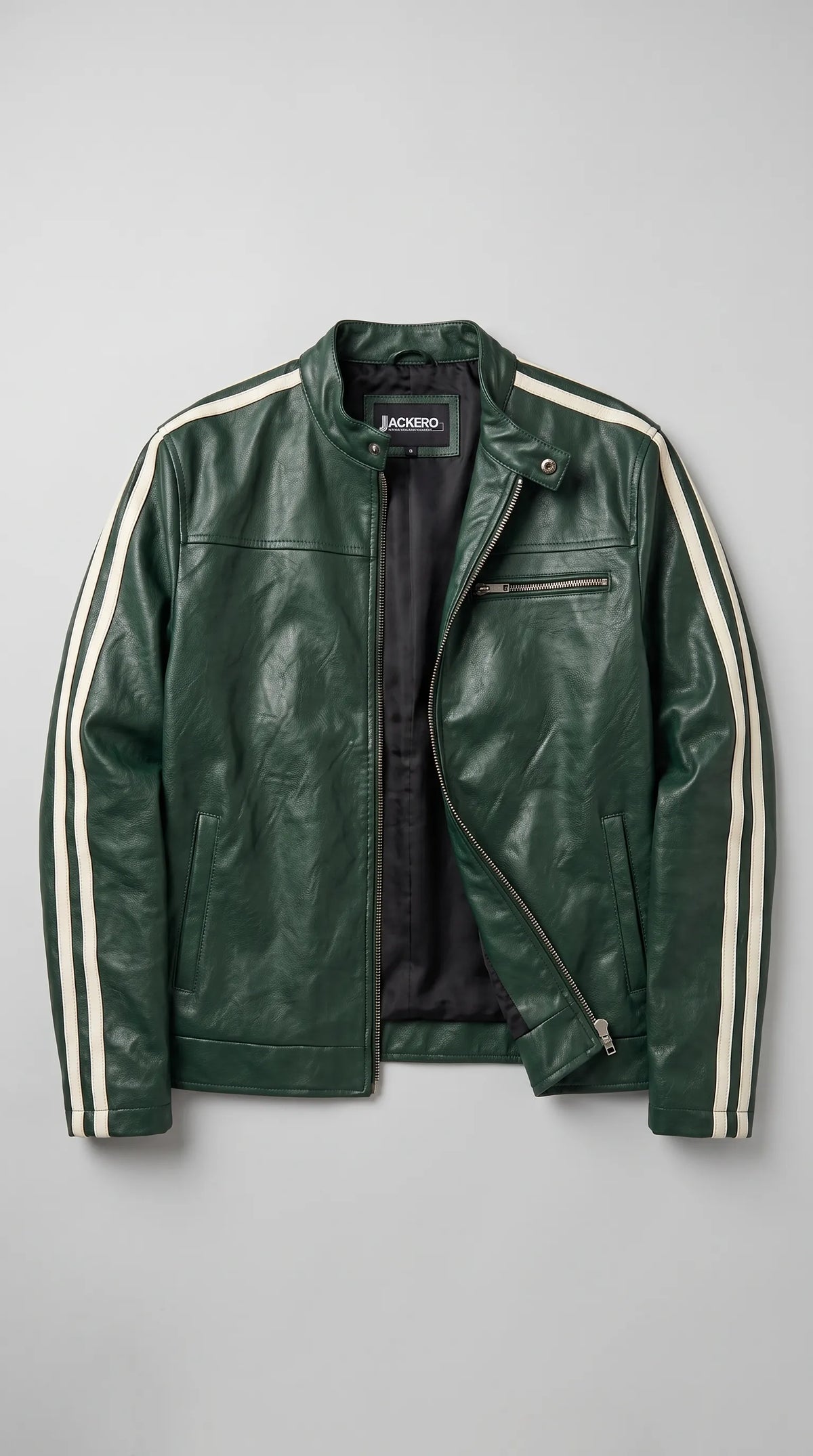 Open dark green leather racer jacket showing the black silk inner lining and two interior pockets, built for comfortable everyday wear in cool weather