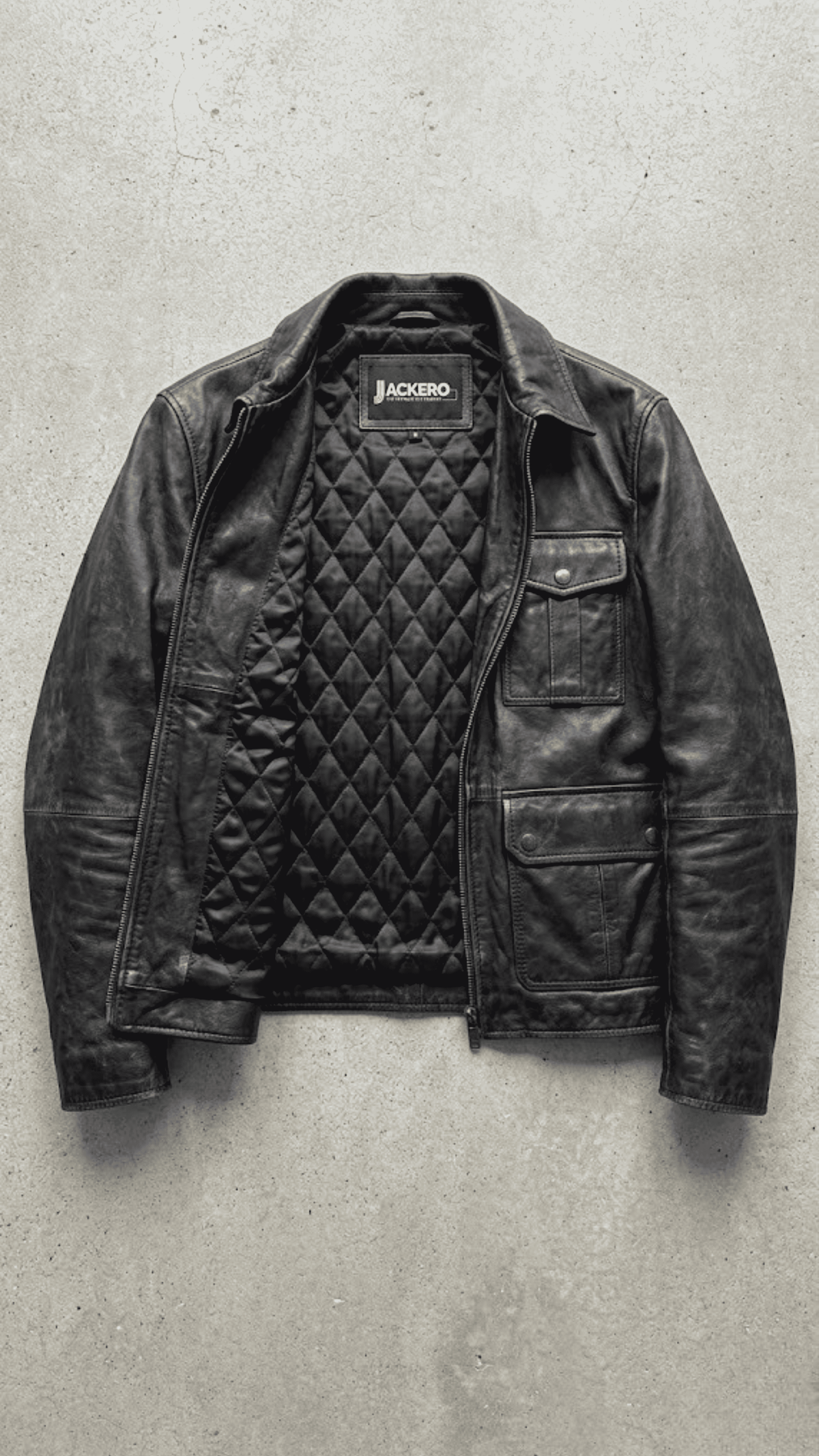 Jackero jacket flat lay photography of a high-end minimalist plain black leather coat displayed symmetrically on a solid grey backdrop.
