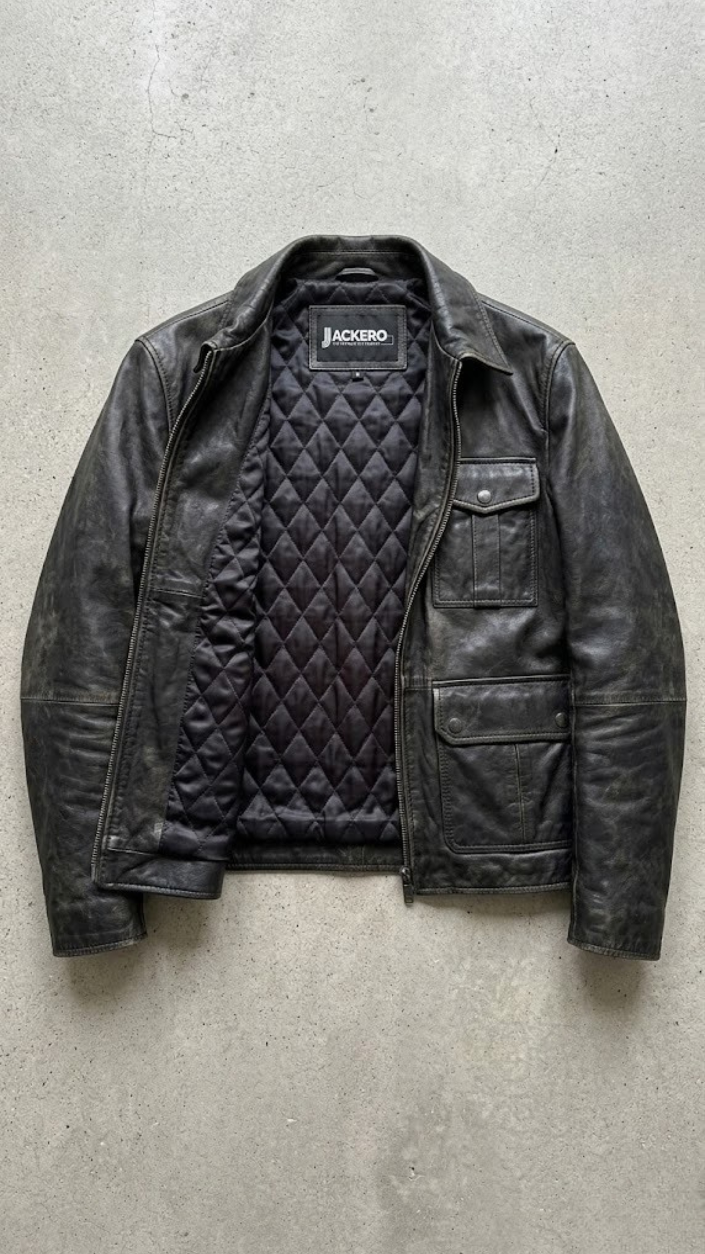 Jackero jacket flat lay photography of a high-end minimalist plain black leather coat displayed symmetrically on a solid grey backdrop.