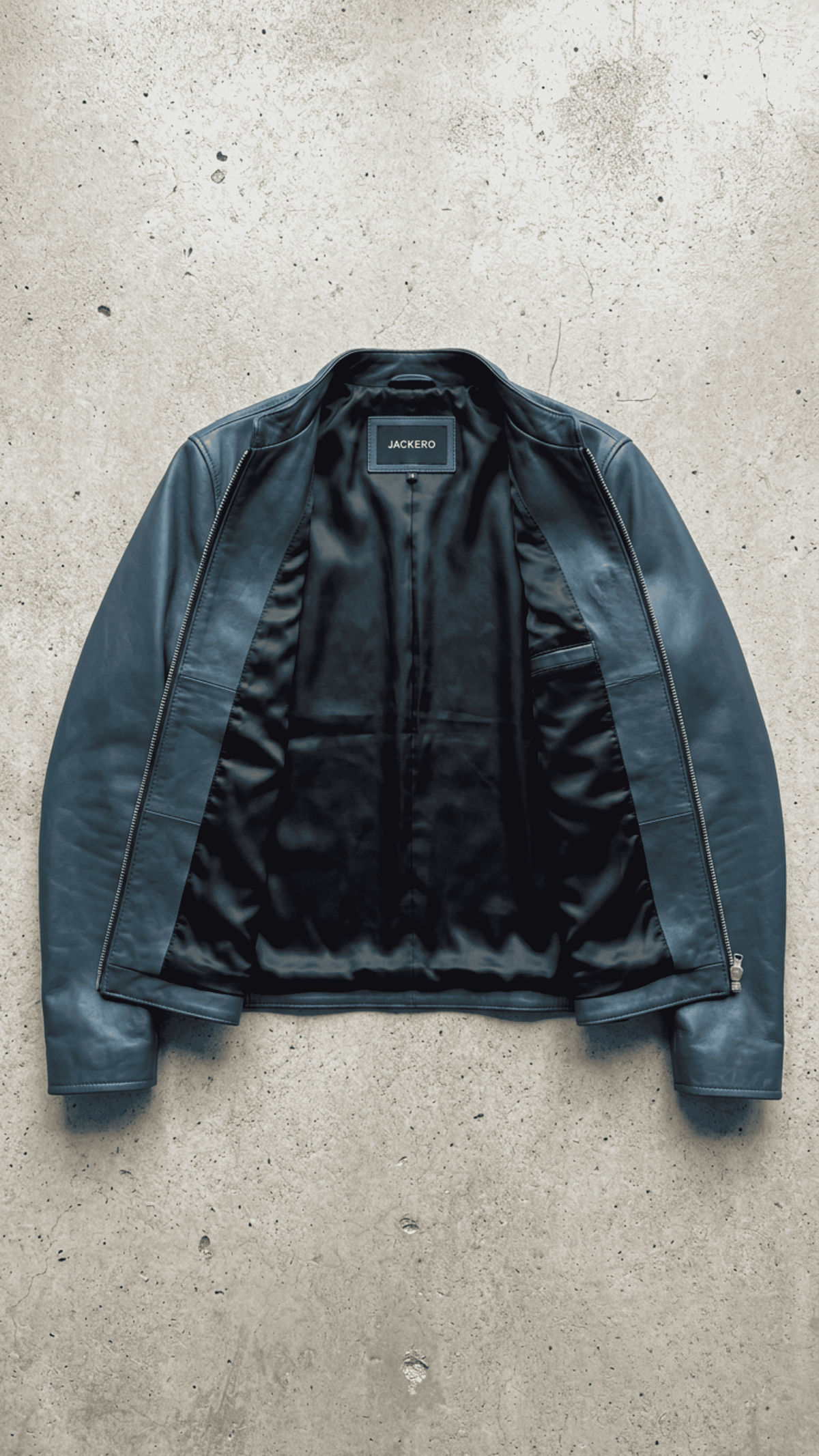 E-commerce product flat lay presentation featuring the contemporary dark cyan leather jacket neatly laid out on a professional studio backdrop.