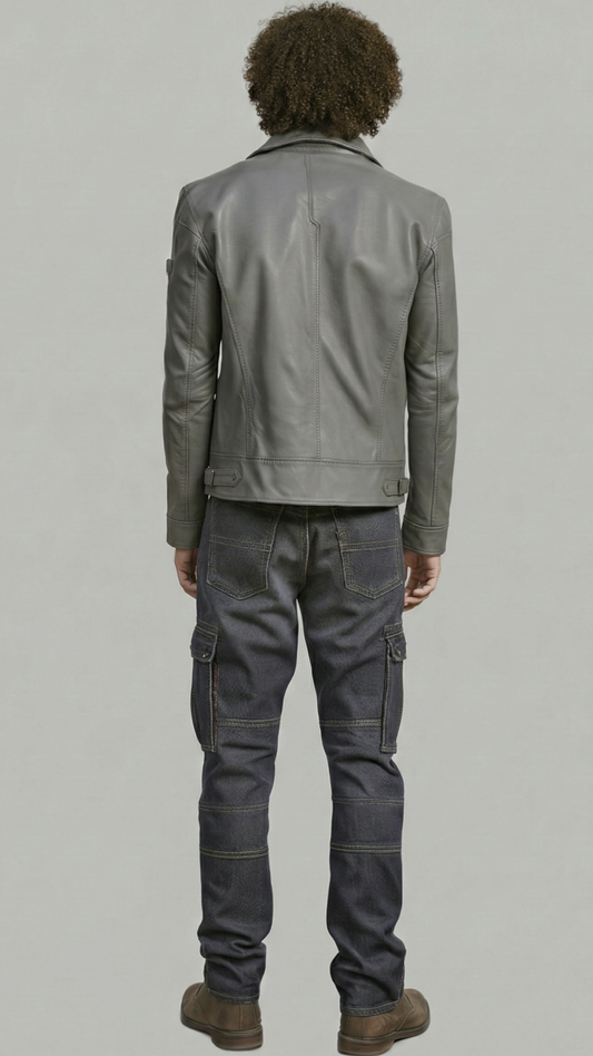 A man viewed from behind wearing a gray leather jacket, dark gray cargo pants, and brown boots, standing against a light gray studio background.