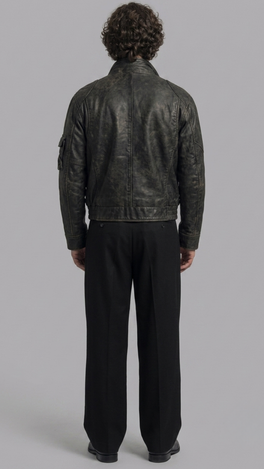 Regular fit men's vintage black leather outerwear displaying clean zippered side pockets and reinforced shoulder panels.