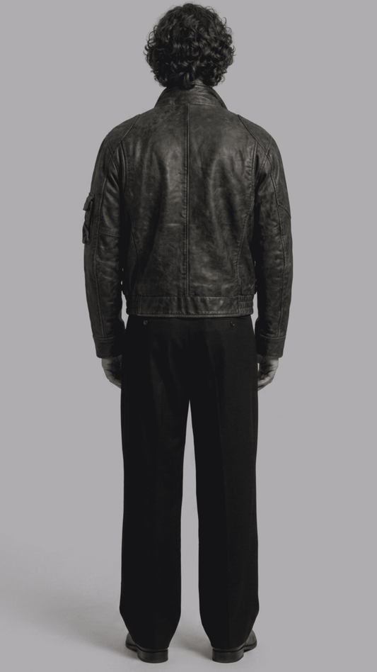 Regular fit men's vintage black leather outerwear displaying clean zippered side pockets and reinforced shoulder panels.