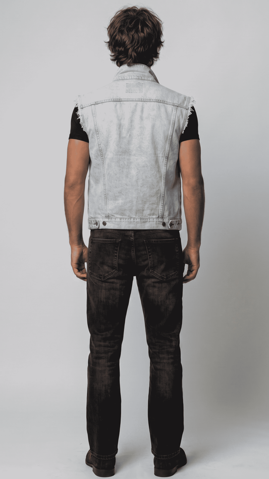Sleek light wash denim sleeveless jacket designed for a modern urban street look and relaxed everyday wear.