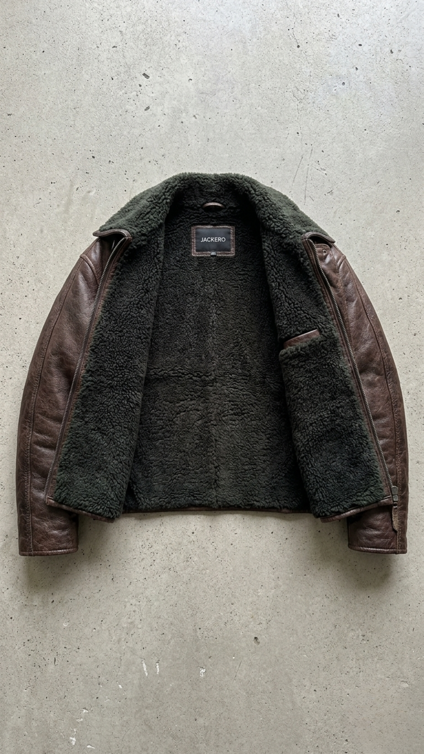 detail highlighting the dark brown leather panels paired with thick, soft black shearling on the lapels Two tone flight jacket flat-lay shot.