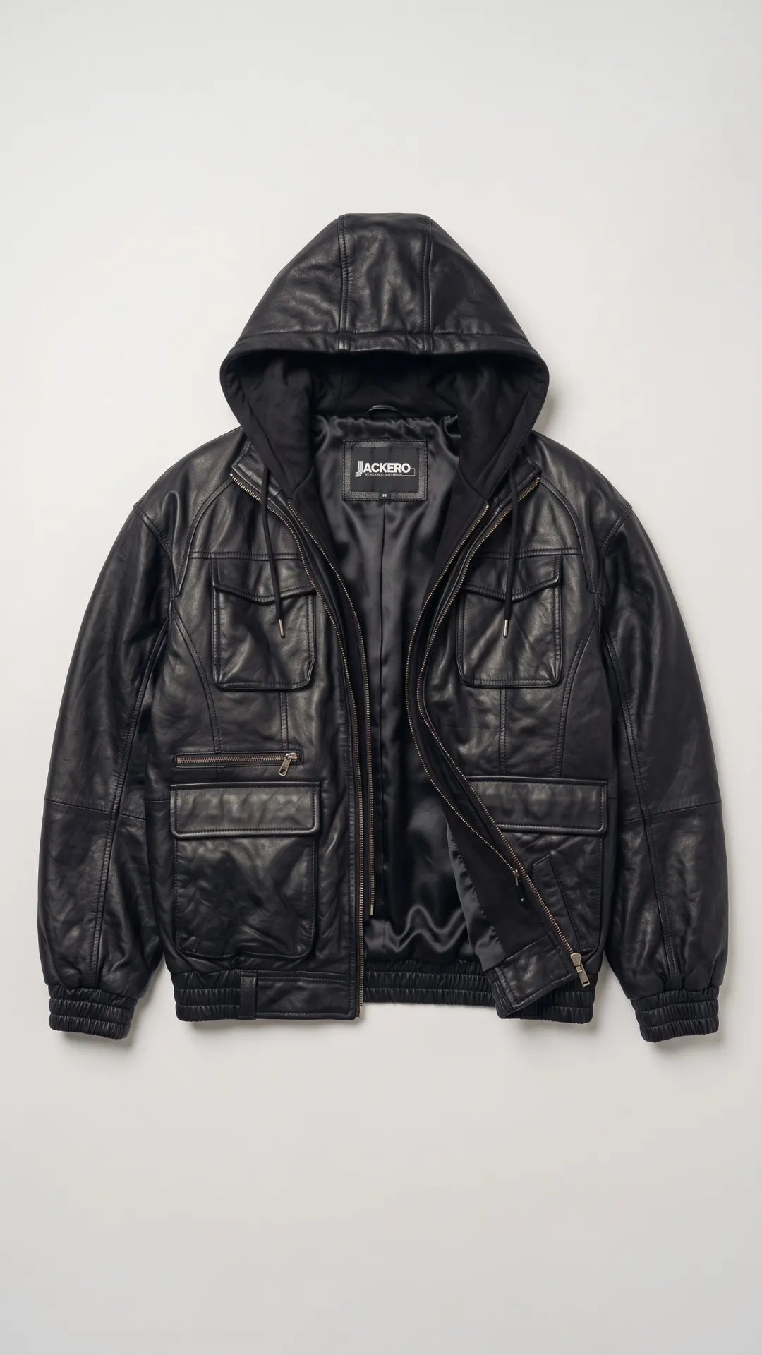 Full view of a winter black leather hooded jacket for men on clearance, an easy layering option for cold weather and everyday outfits