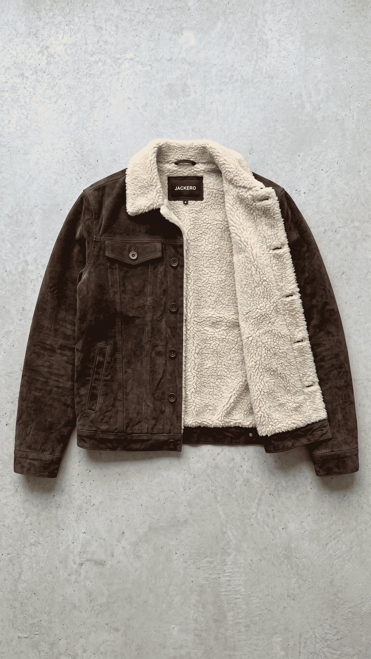 Jackero dark chocolate brown suede trucker coat with soft cream shearling collar.
