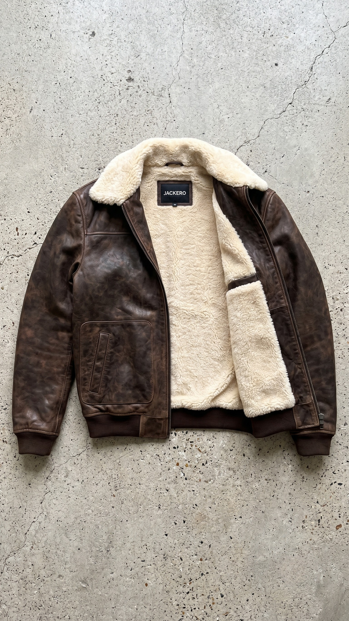 Jackero dark brown distressed leather bomber jacket with premium cream shearling trim.