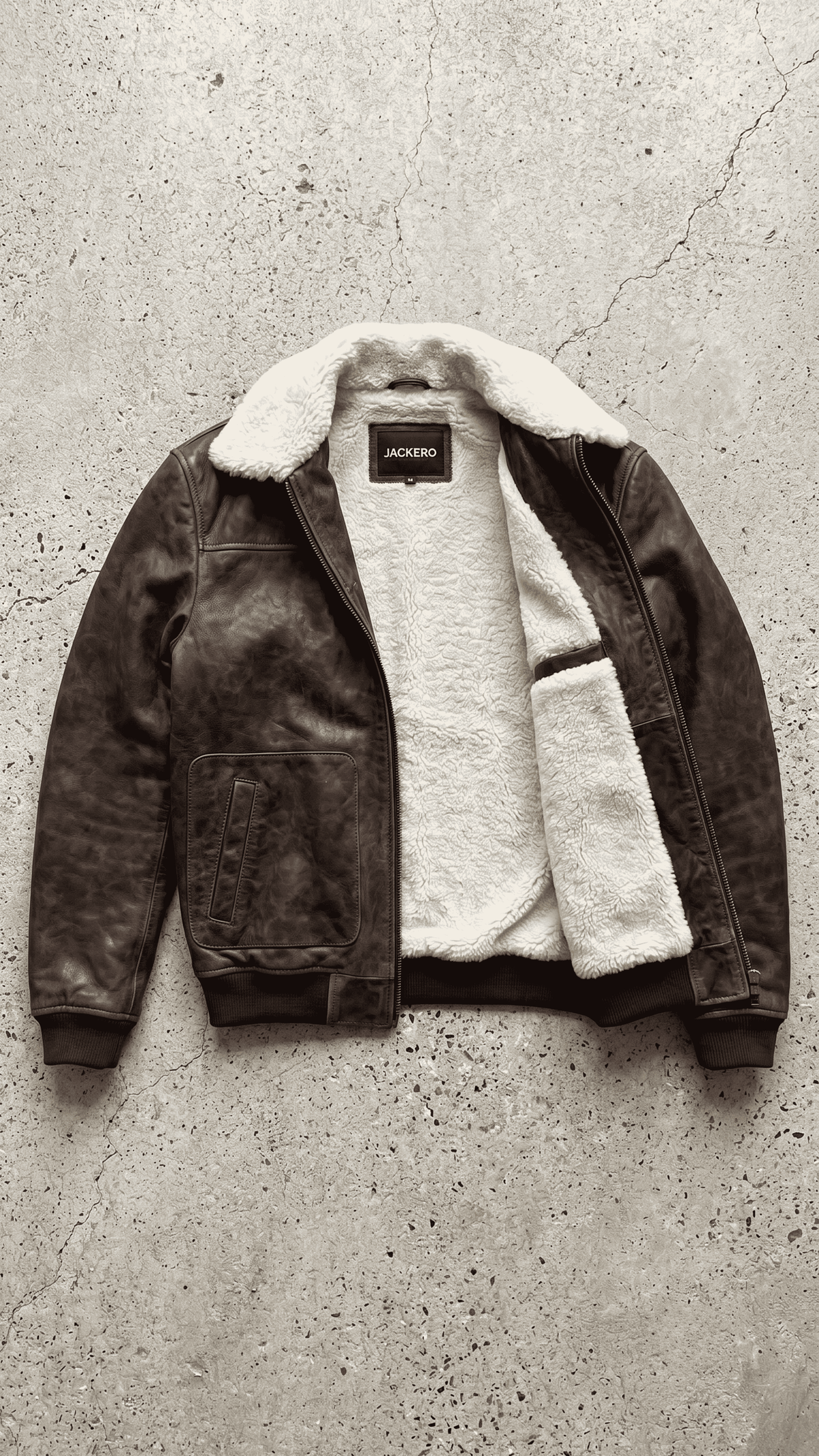 Jackero dark brown distressed leather bomber jacket with premium cream shearling trim.