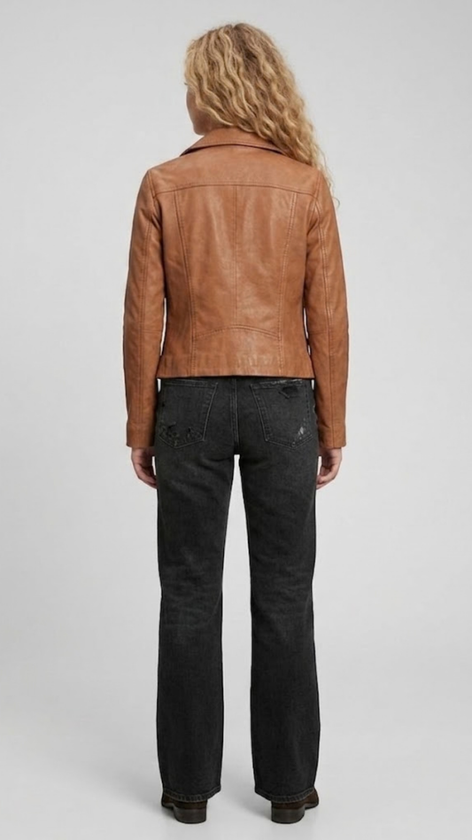 Symmetrical rear view studio shot highlighting the detailed shoulder epaulets and tailored panels of the warm camel motorcycle coat.