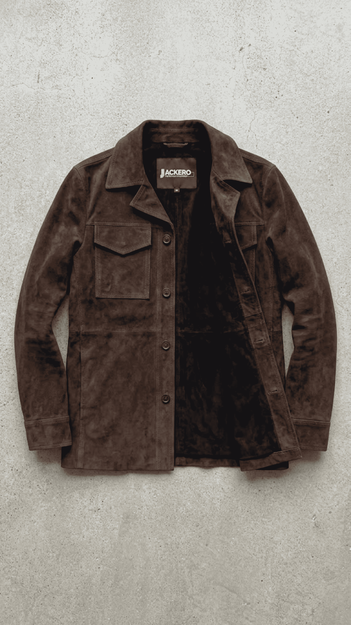 Jackero contemporary dark brown suede transitional shirt jacket beautifully presented against a clean, minimalist studio backdrop.
