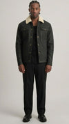 BLACK LEATHER TRUCKER JACKET WITH CREAM SHEARLING COLLAR