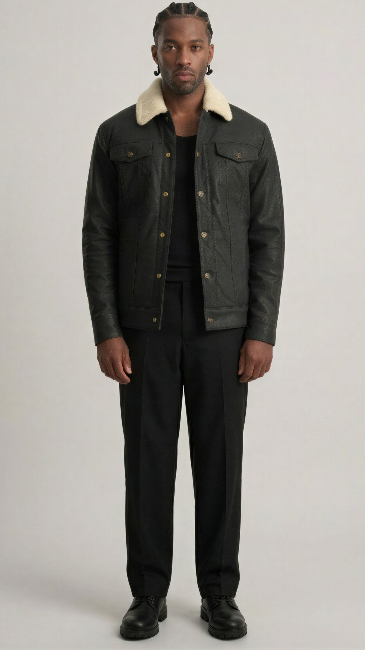 BLACK LEATHER TRUCKER JACKET WITH CREAM SHEARLING COLLAR