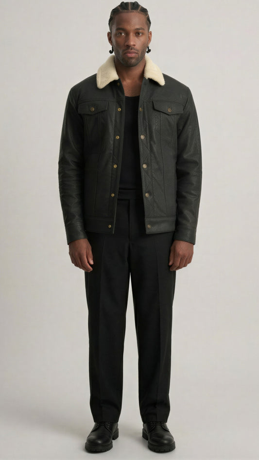 BLACK LEATHER TRUCKER JACKET WITH CREAM SHEARLING COLLAR